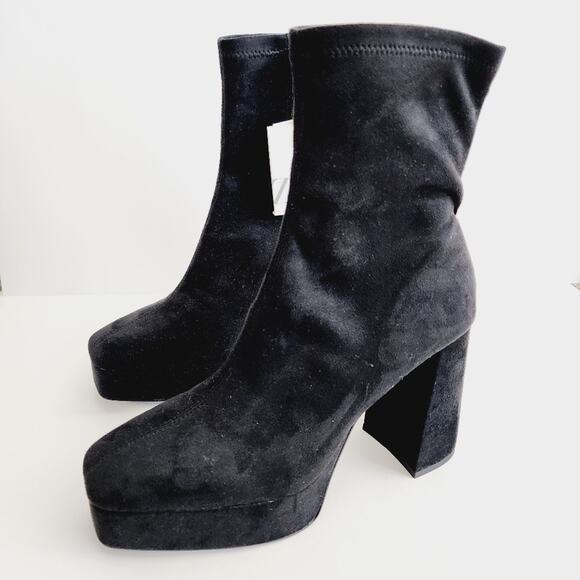 Zara Black Faux Suede Leather Chunky Platform Zip Up Ankle Boots Size 10 - Picture 3 of 9